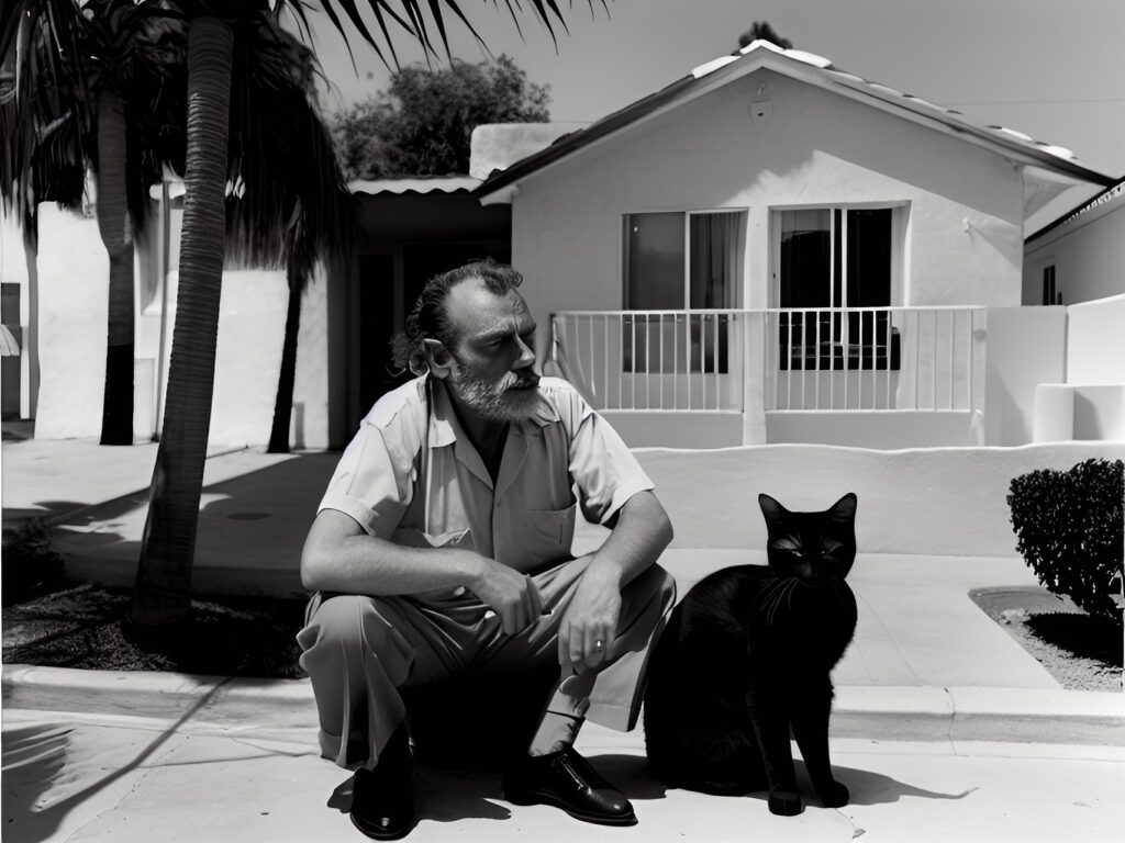 ai-generated black & white image of 1950s writer Charles Bukowski & a big black cat sitting on the curb in front of palm trees & a Hollywood stucco bungalow