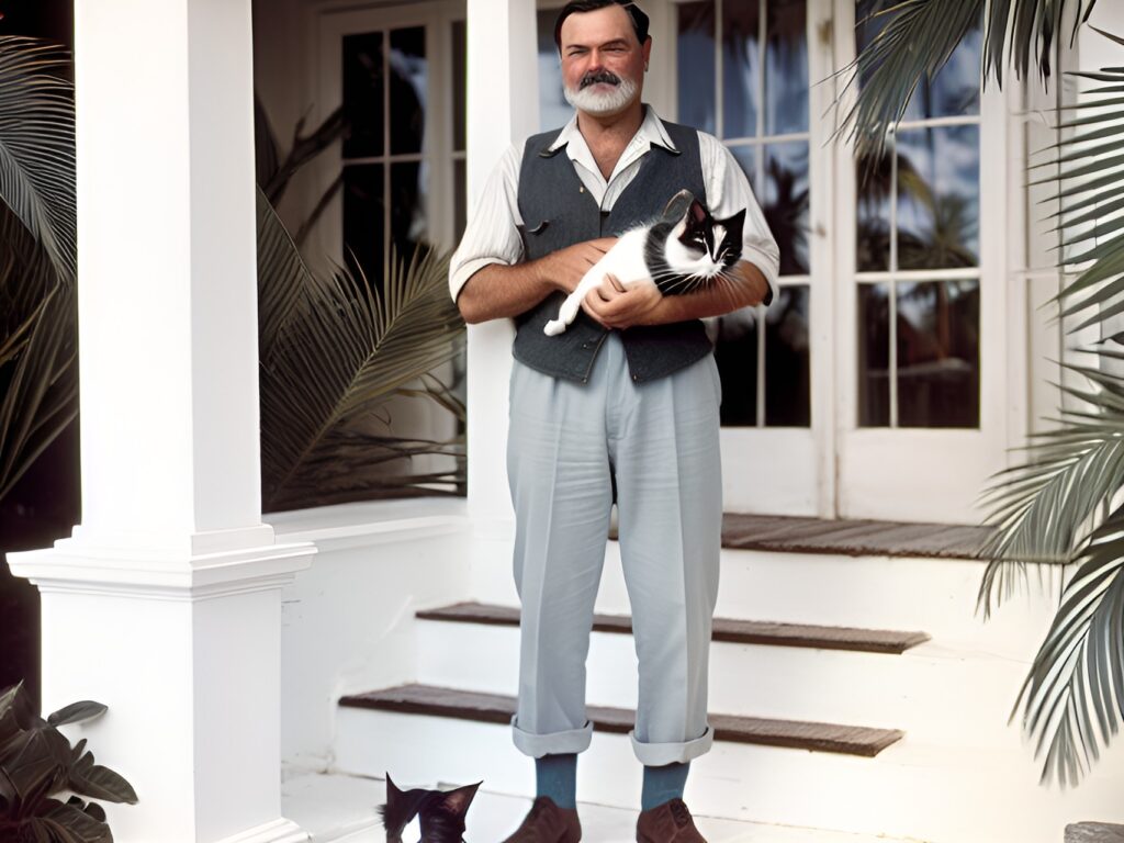 ai-generated photorealistic colorized image of writer Ernest Hemingway holding a black & white cat on the steps of his Key West abode with palm trees