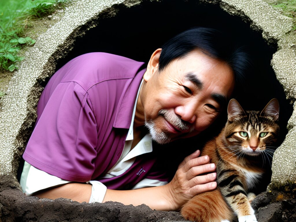 ai-generated color photorealistic image of Japanese writer Haruki Murakami & a tabby cat in the mouth of a stone well or culvert